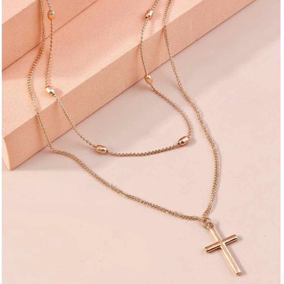 CROSS CHARM LAYERED NECKLACE - GOLD - Picture 1 of 4